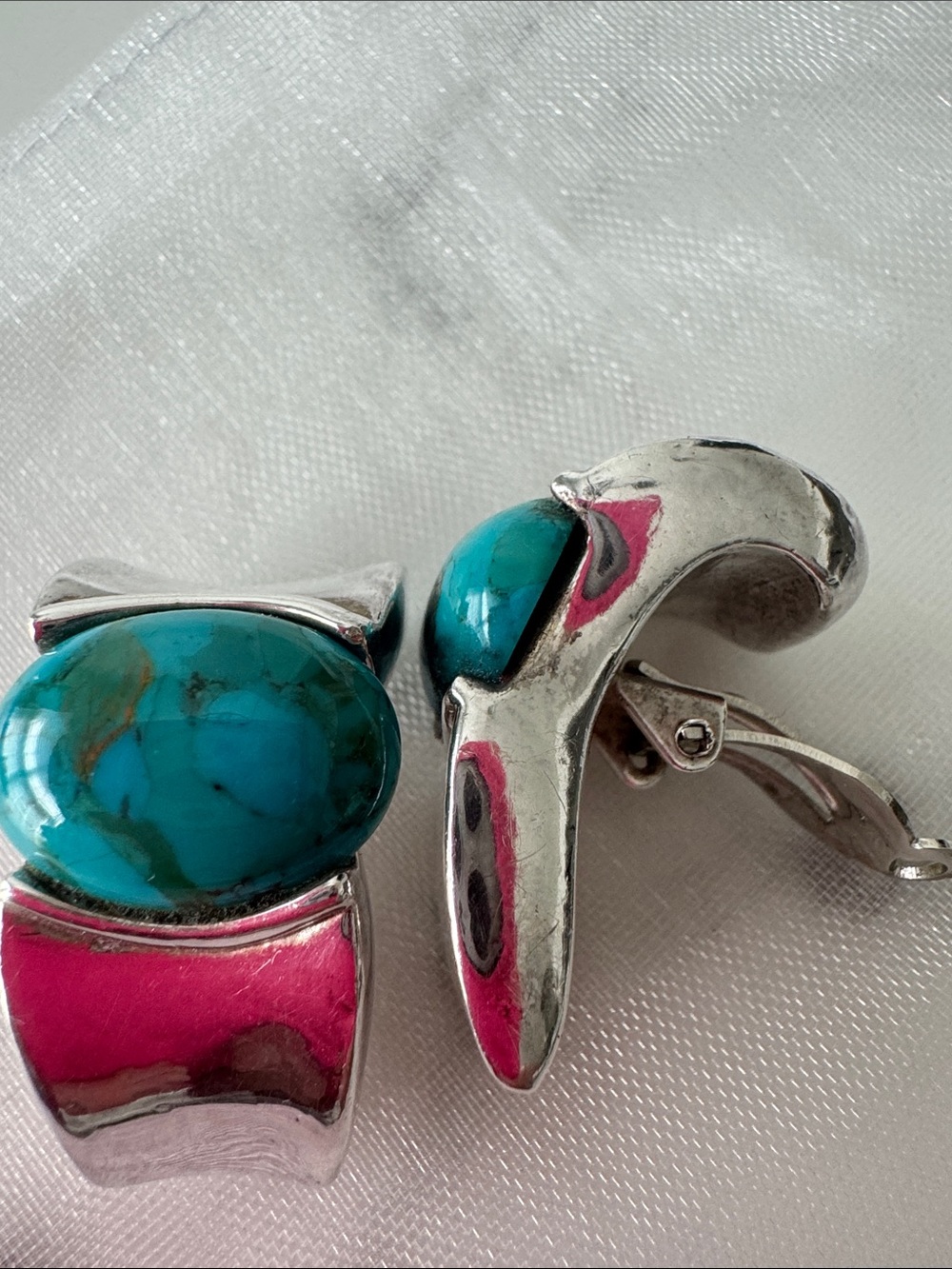 Silver Clip-on Earrings with Turquoise Cabochons - Women's Fashion Jewelry - Picture 9 of 10